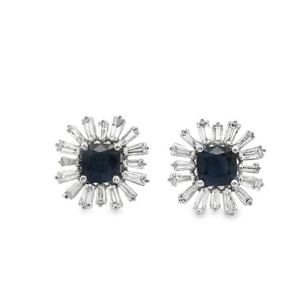 Aretes de Zafiro cushion con Halo de Diamantes Baguette
