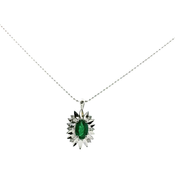 Emerald Oval Pendant with Diamond and White Gold Halo