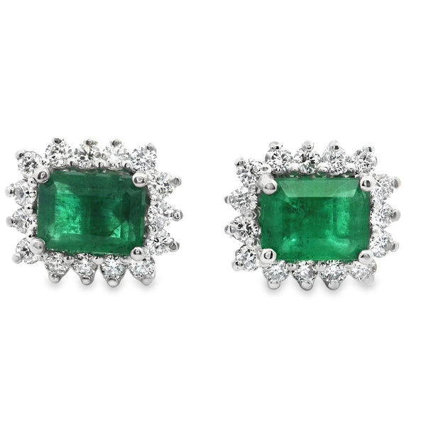 Aretes de Esmeralda 8x6mm Rectangular con Halo Vintage