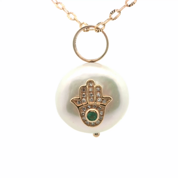 Hamsa Pearl and Diamond Pendant