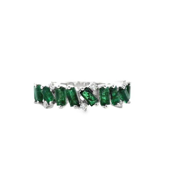 Anillo Crazy de Baguettes de Esmeralda y Diamante