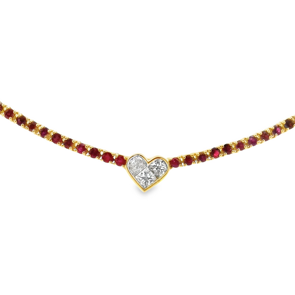 Tennis Ruby 6.5ct Necklace with 0,32ct Diamond heart