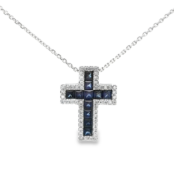 Sapphire Cross Pendant with Diamond Halo