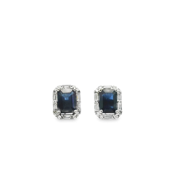 Sapphire Rectangular Earrigns with Baguette Diamond Halo