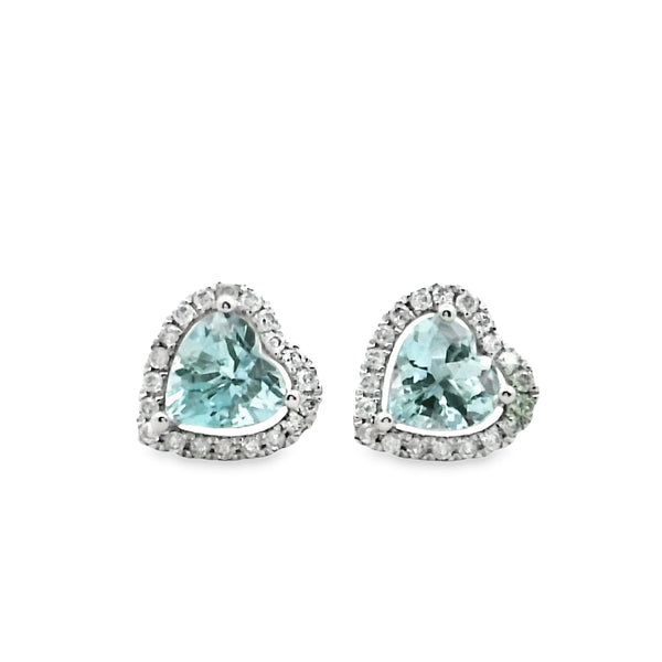 Aretes de Corazones de Aguamarina con Halo de Diamantes