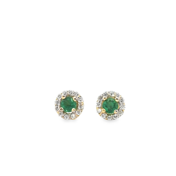 Aretes de Esmeralda Redonda Pequeña con Halo de Diamante