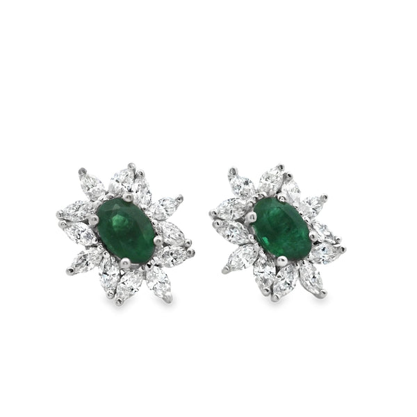 Emerald Oval Studs with Marquisse Diamond Halo