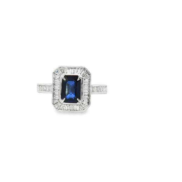 Anillo de Zafiro Rectangular con Halo de Diamantes Baguette
