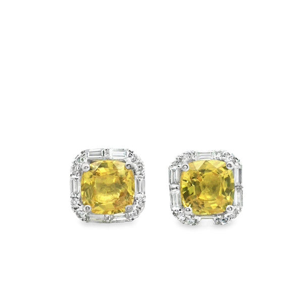 Yellow Sapphire Cushion cut Baguete Diamond Halo