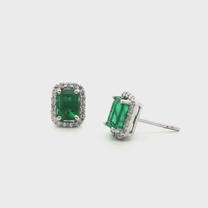 Aretes de Esmeralda Rectangular 6x4mm con Halo
